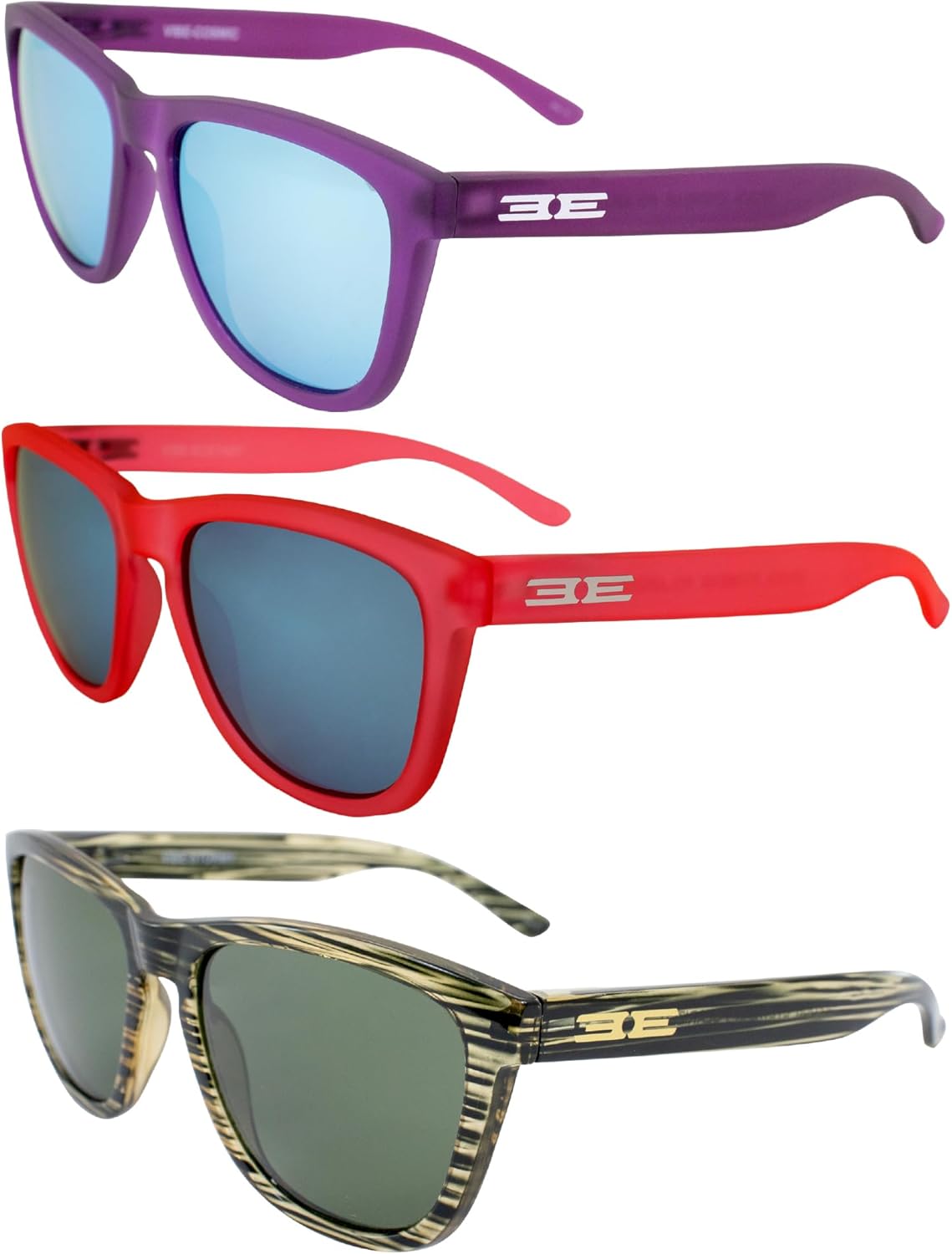 

Солнцезащитные очки Epoch Eyewear Vibe с поляризацией, женские и мужские, 3 пары: фиолетовая и розовая оправы с синими зеркальными линзами и зеленая оправа с зелеными зеркальными линзами, Purple/Pink-blue/Green-green