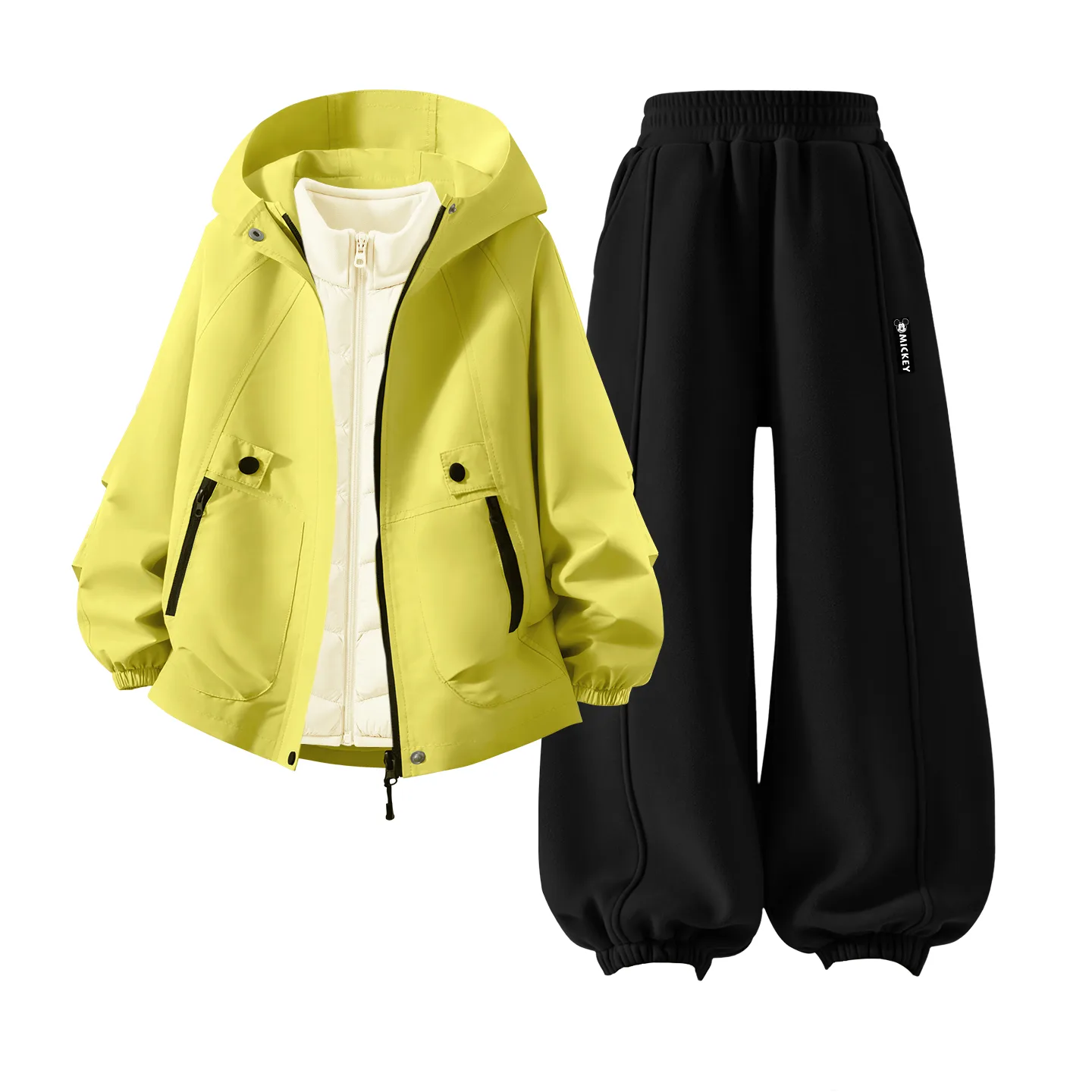 Детский спортивный костюм с круглым вырезом Disney, [Thickened Thermal Three-Piece Set]Solid Color Green+DiH Long Hook-and-Loop K Black+DiH Square Hook-and-Loop K Ecru