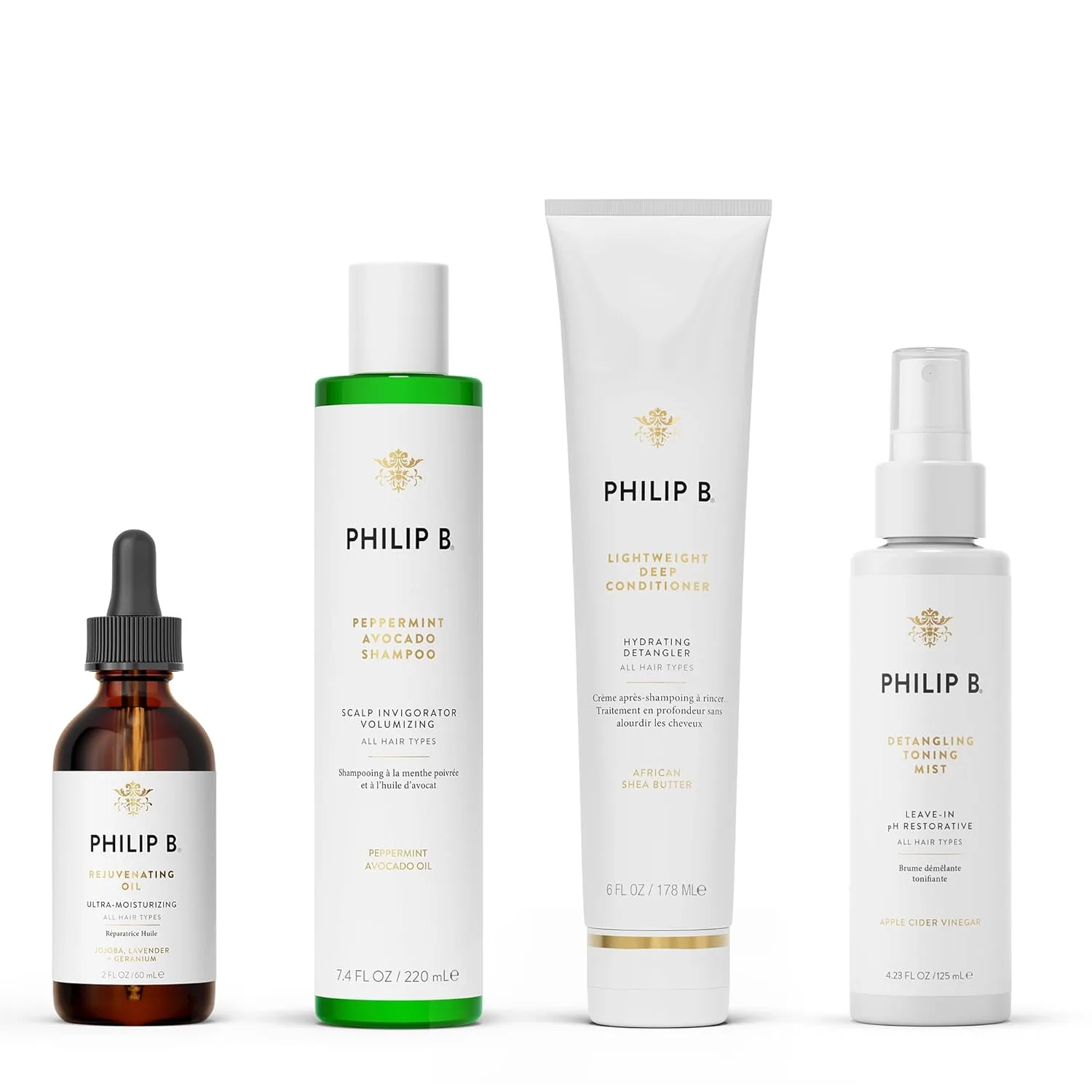 Набор PHILIP B Signature 4-Step Bundle - включает омолаживающее масло, шампунь с мятой и авокадо, легкий кондиционер для глубокого увлажнения и тонизирующий спрей для распутывания волос.