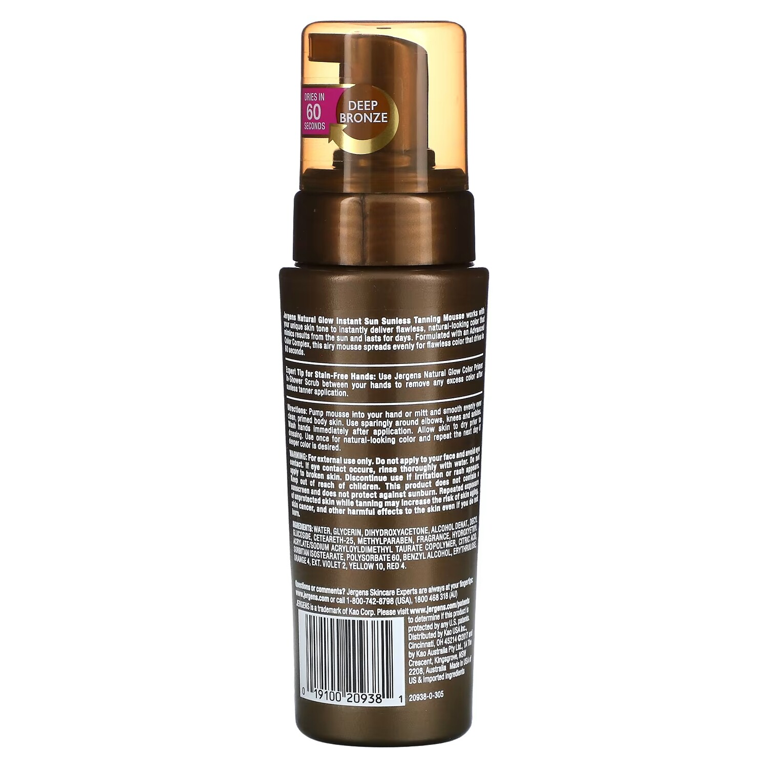 Jergens Natural Glow Instant Sun Солнцезащитный мусс для загара Deep Bronze, 6 жидких унций (177 мл) — фото 2