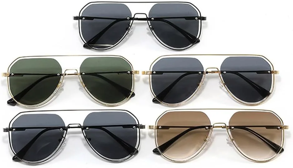 

Солнцезащитные очки с двойной перемычкой для женщин, ретро-оправа из полого металла для мужчин, модные темно-зеленые солнцезащитные очки HVTVTLA, Golden Dark Green