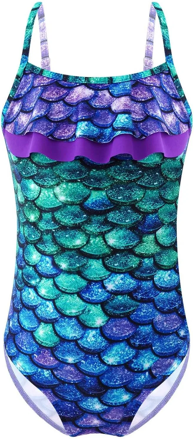 Yruioon Купальник-футболка Little Big Girls "Чешуя русалки", Purple&Green Fish Scales