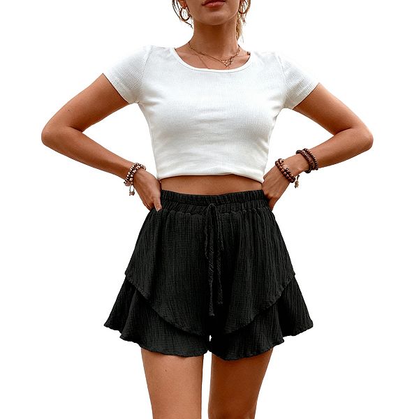 

Женские летние шорты casual с двойным подгибом и эластичным поясом на шнурке Clearflower, Black