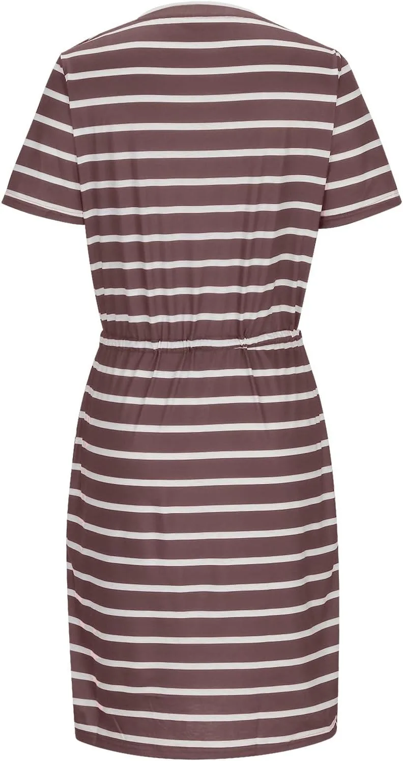 Женские полосатые платья 2024 года: повседневное короткое платье с коротким рукавом, круглым вырезом, поясом на талии и разрезом, миди-платье, элегантное летнее платье с карманами Generic, коричневый — фото 3