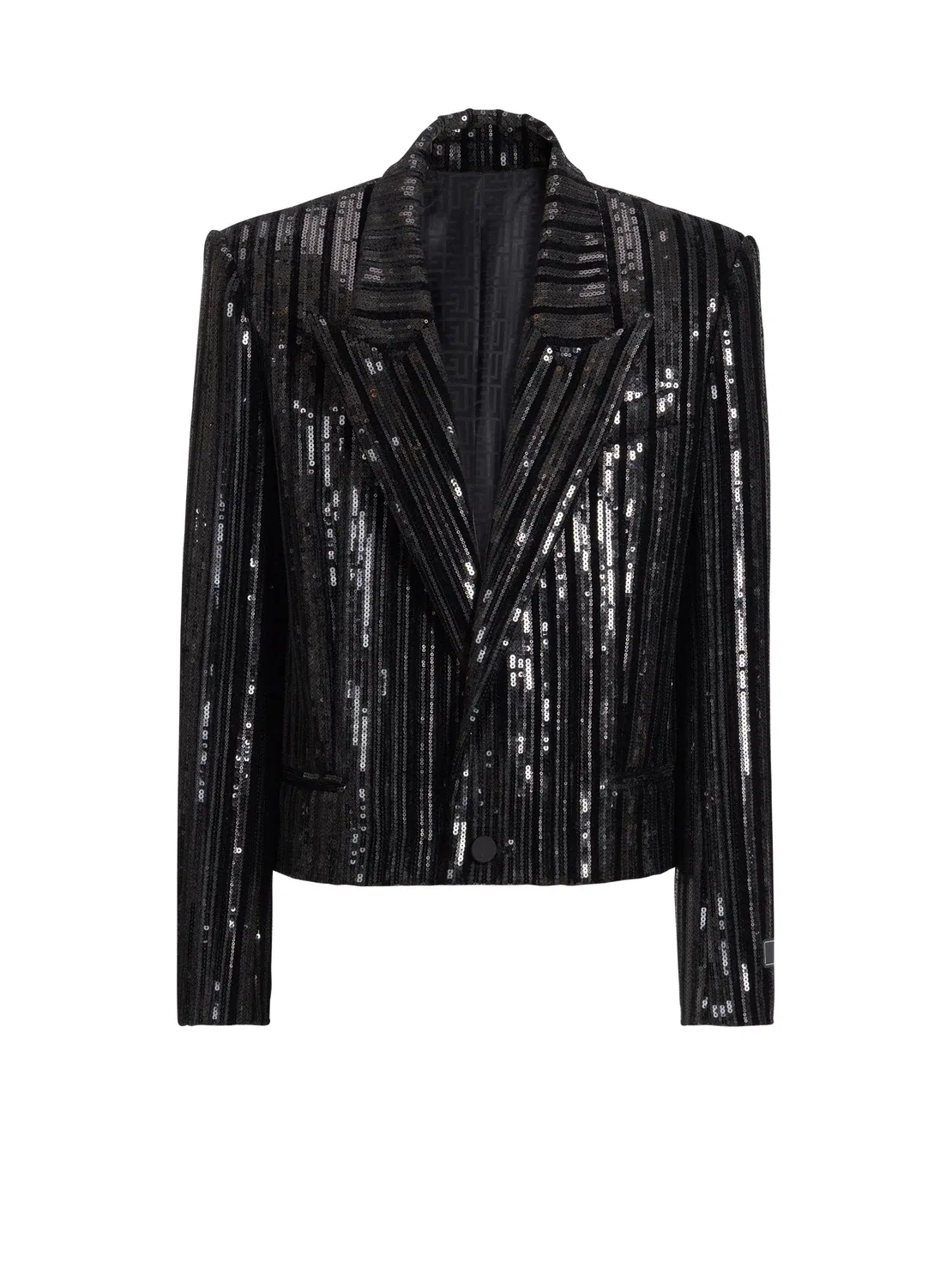Укороченный бархатный жакет с пайетками Balmain, черный