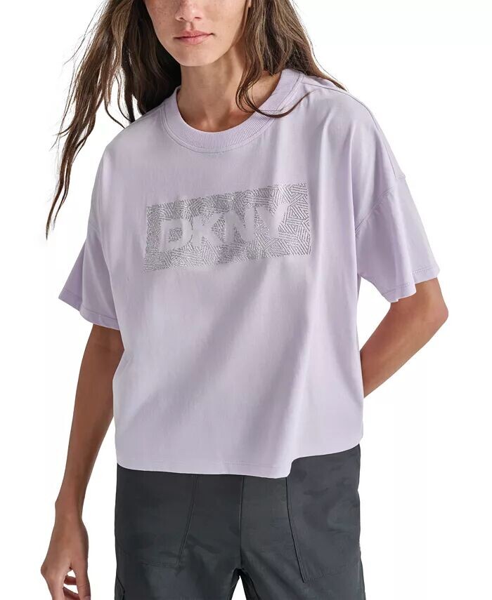 

Женская хлопковая укороченная футболка с принтом из стразов DKNY, фиолетовый