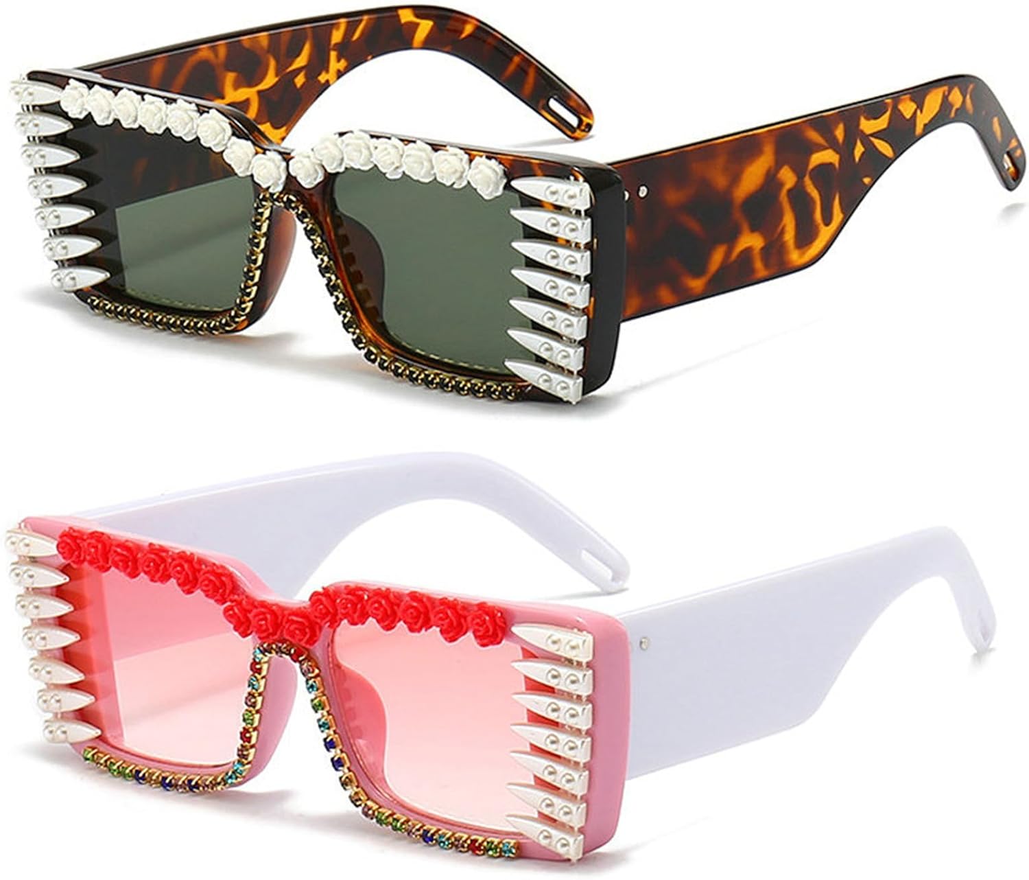 

Солнцезащитные очки Willochra 2023 Diamond Square для женщин, солнцезащитные очки со стразами для мужчин, увеличенная оправа, винтажные очки, защита от ультрафиолета UV400, 2pcs-pink&leopard