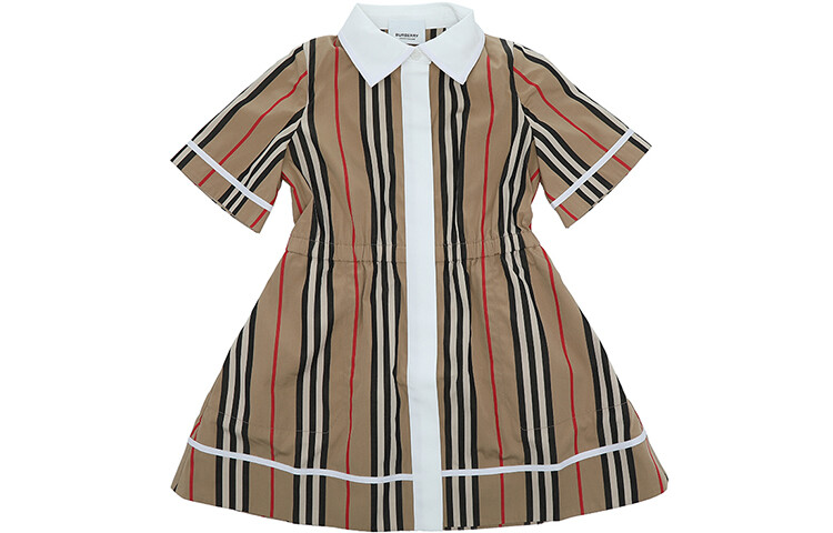 

Burberry Kids Платье-рубашка в полоску с логотипом, цвет Khaki
