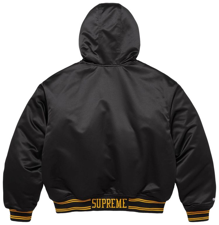 Куртка-бомбер Supreme x Mitchell & Ness из атласа с подкладкой и капюшоном, черная — фото 2