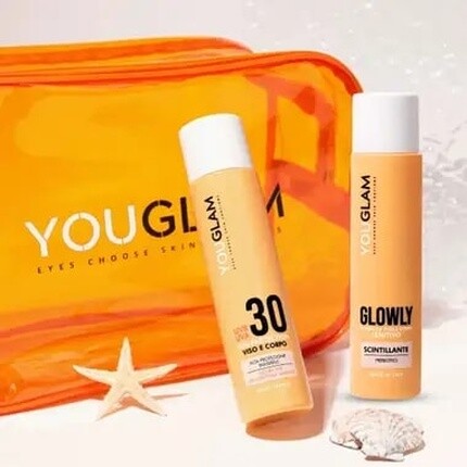 

Солнечный комплект с защитой от солнца 30 и после загара Glowly в косметическом футляре Youglam