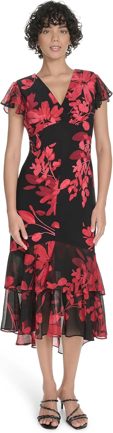 

Женское шифоновое платье миди Tommy Hilfiger с рукавами-крылышками и V-образным вырезом, Deep Scarlet Multi