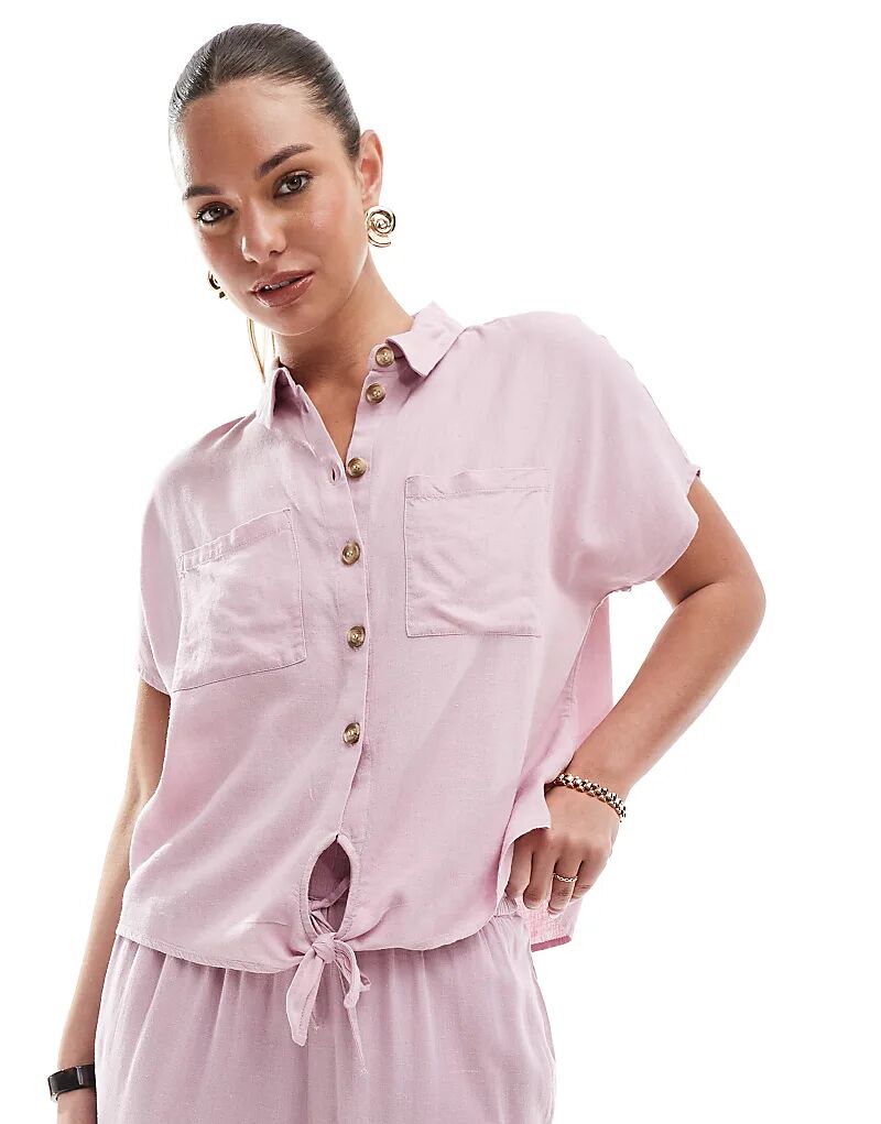 

Рубашка Pieces с завязками спереди из льняной смеси розового цвета
