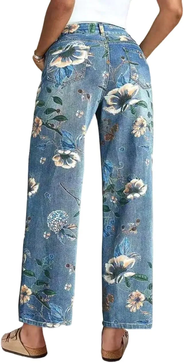 

Женские джинсы Casual Boho с цветочным принтом, прямые, Mid Rise BAIREG