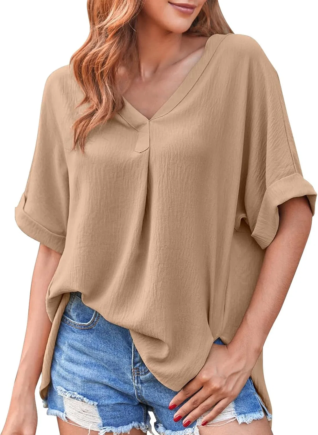 Топ женский, свободный, V-образный вырез, короткий рукав, Oversize, Khaki