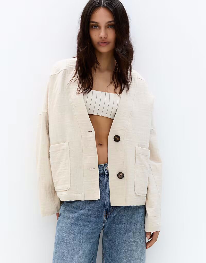 

Pull&Bear - Куртка-кимоно цвета экрю с имитацией льна