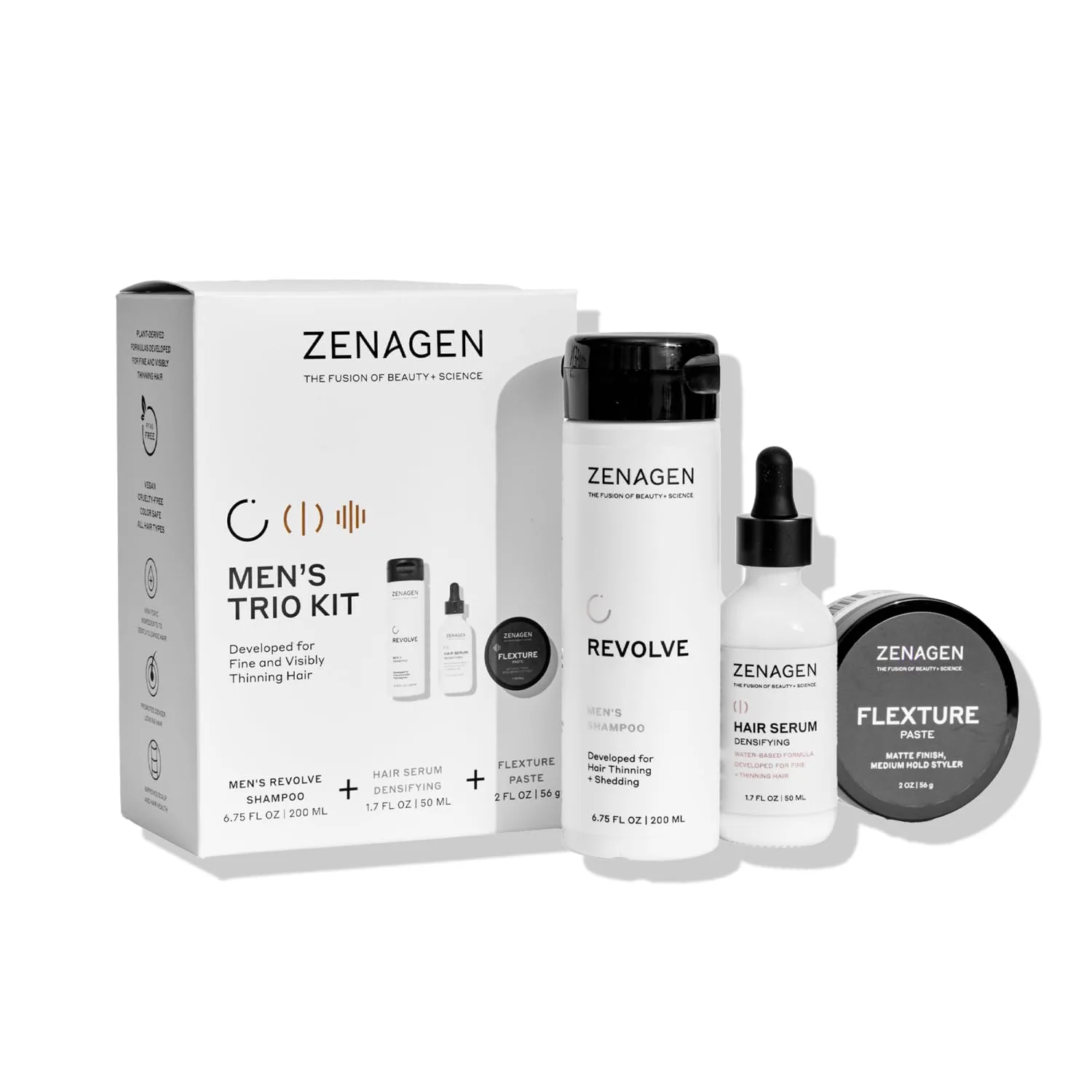 Набор ZENAGEN Revolve для мужчин: три средства для тонких и заметно истонченных волос | Шампунь + Укрепляющая сыворотка + Средство для укладки Flexture, на растительной основе, 1 шт.