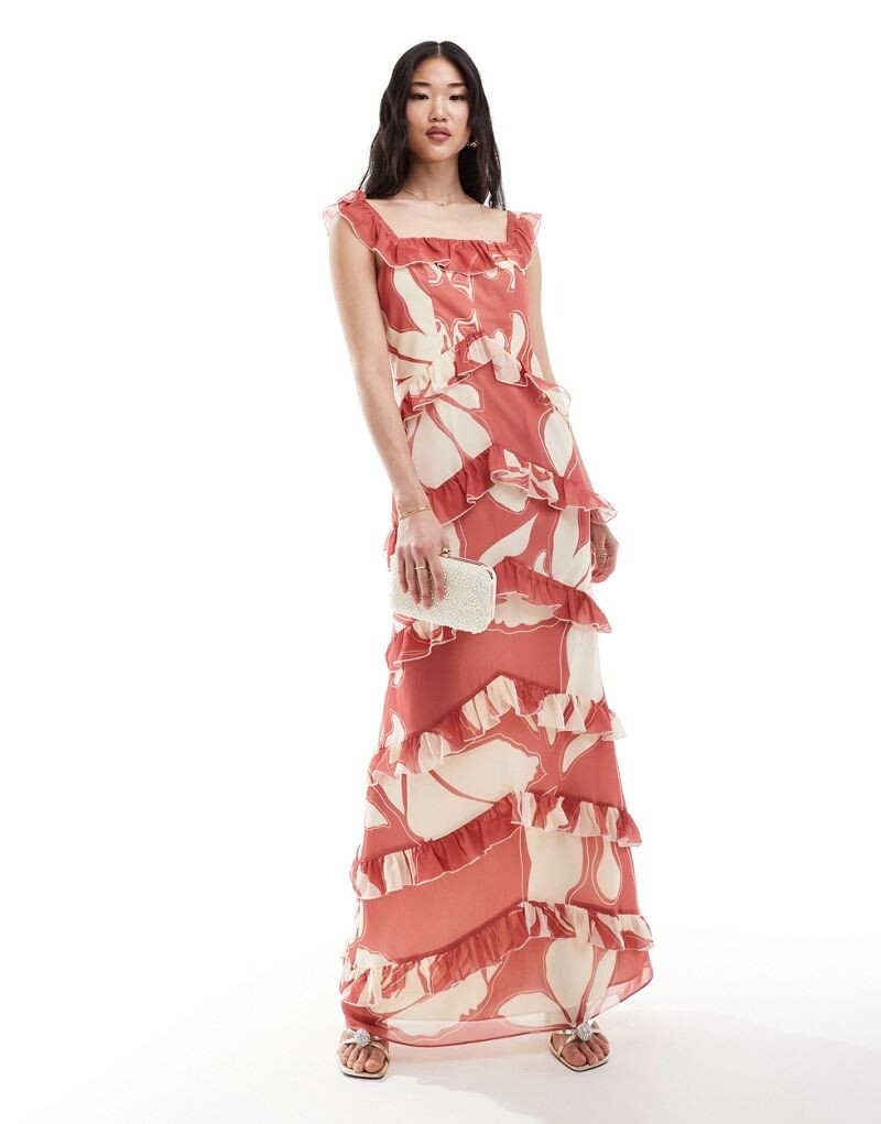 

Платье макси терракотового цвета с рюшами Pretty Lavish — эксклюзивно на ASOS