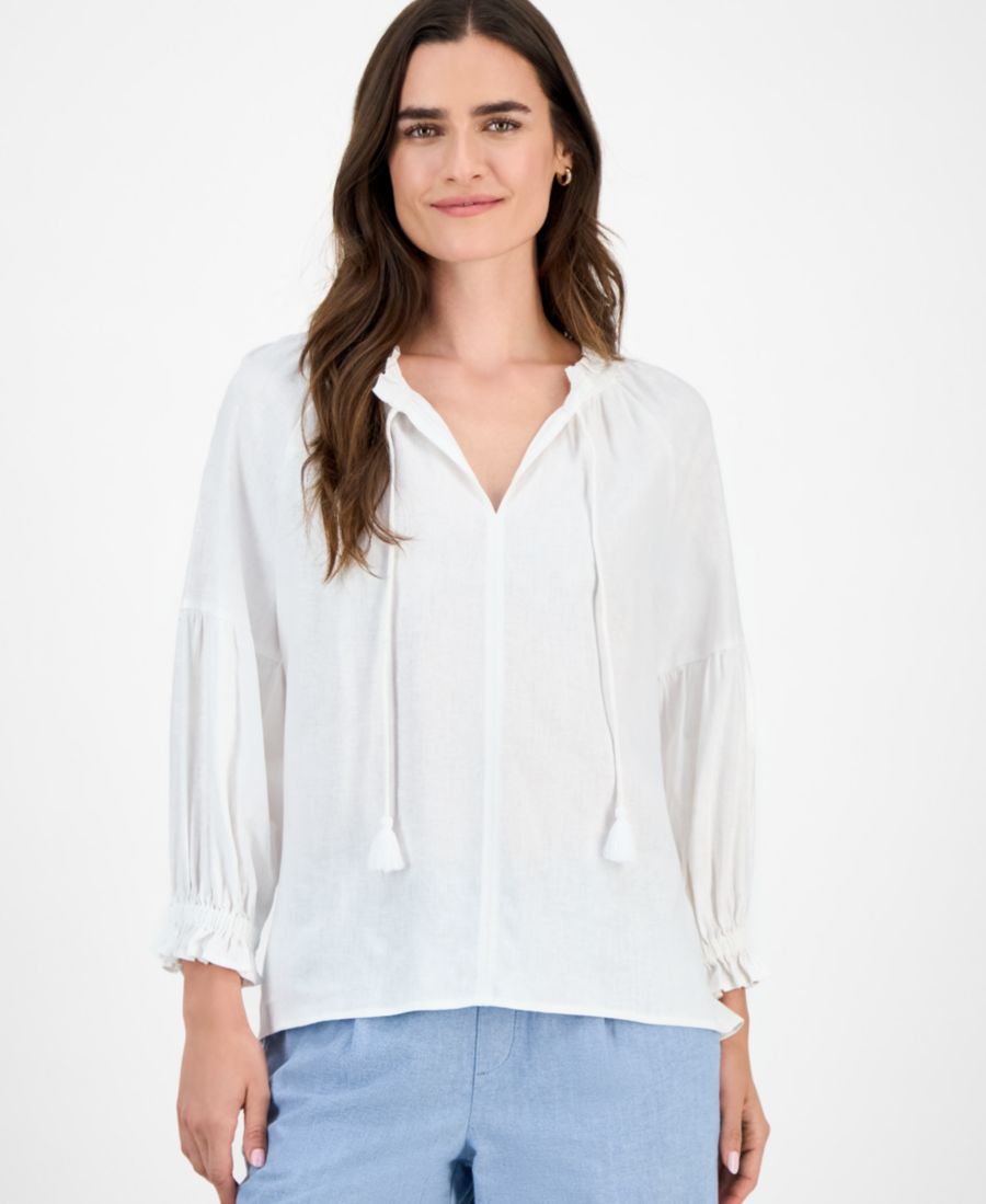 

Женская блузка с разрезом на воротнике и оборками Nautica Jeans, Bright White