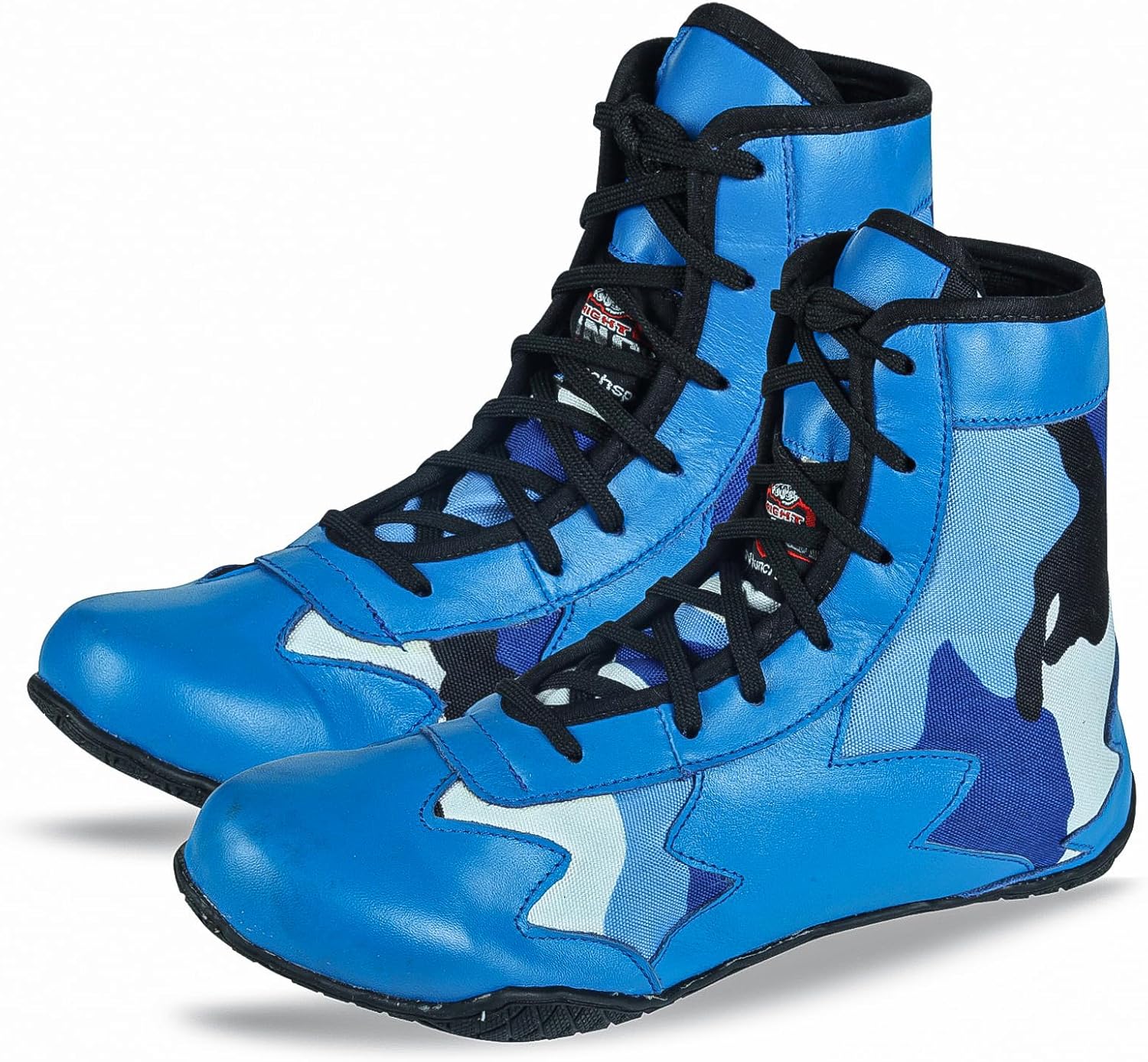 

Мужские ботинки для бокса и борьбы - премиум-кожа, поддержка щиколотки, противоскользящая подошва (черный камуфляж, синий камуфляж, красный камуфляж) Right Punch