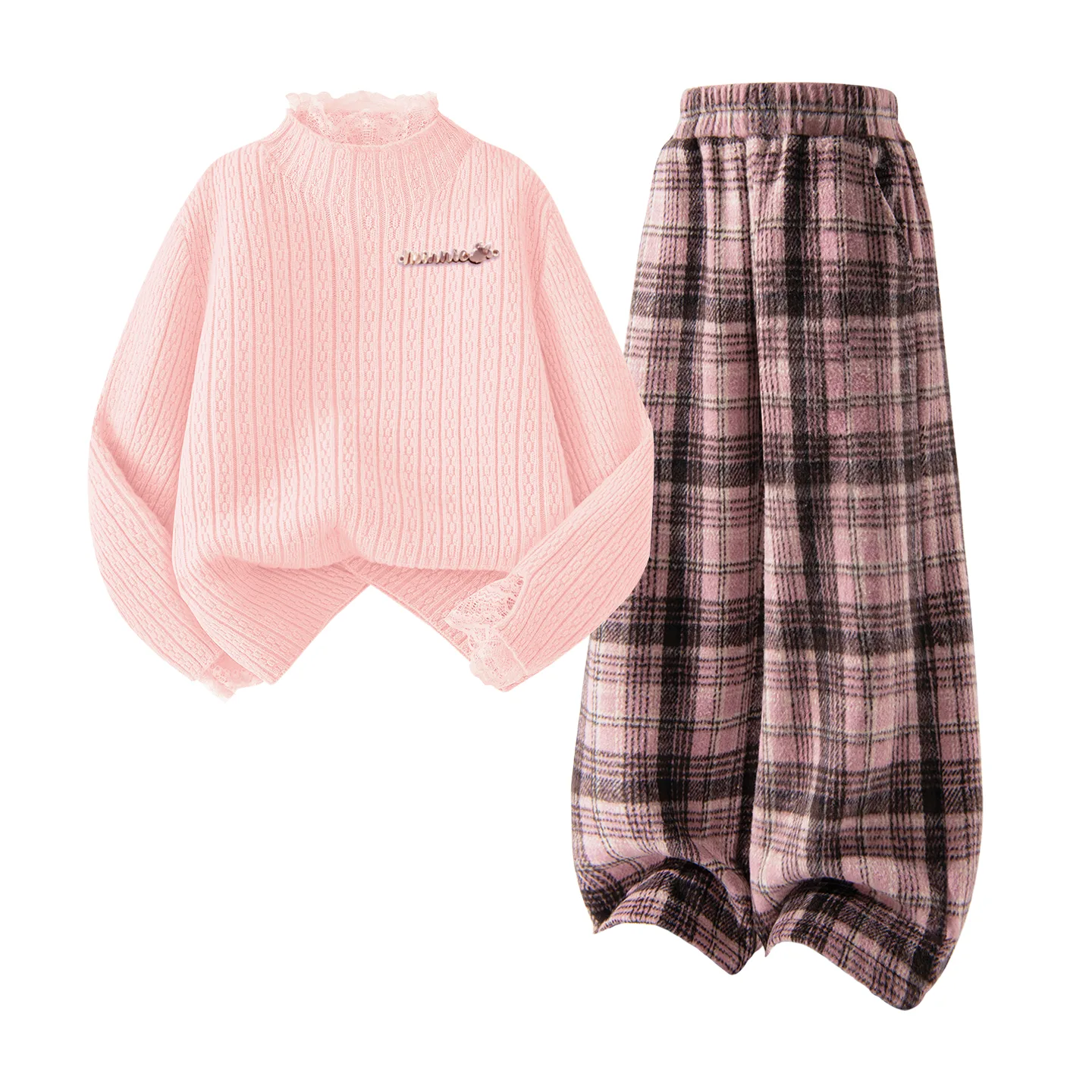 Детский спортивный костюм с круглым вырезом Disney, [Thickened and Fleece-Lined]Di-Long Metal Label K Ecru+Solid Color Pink Plaid — фото 3