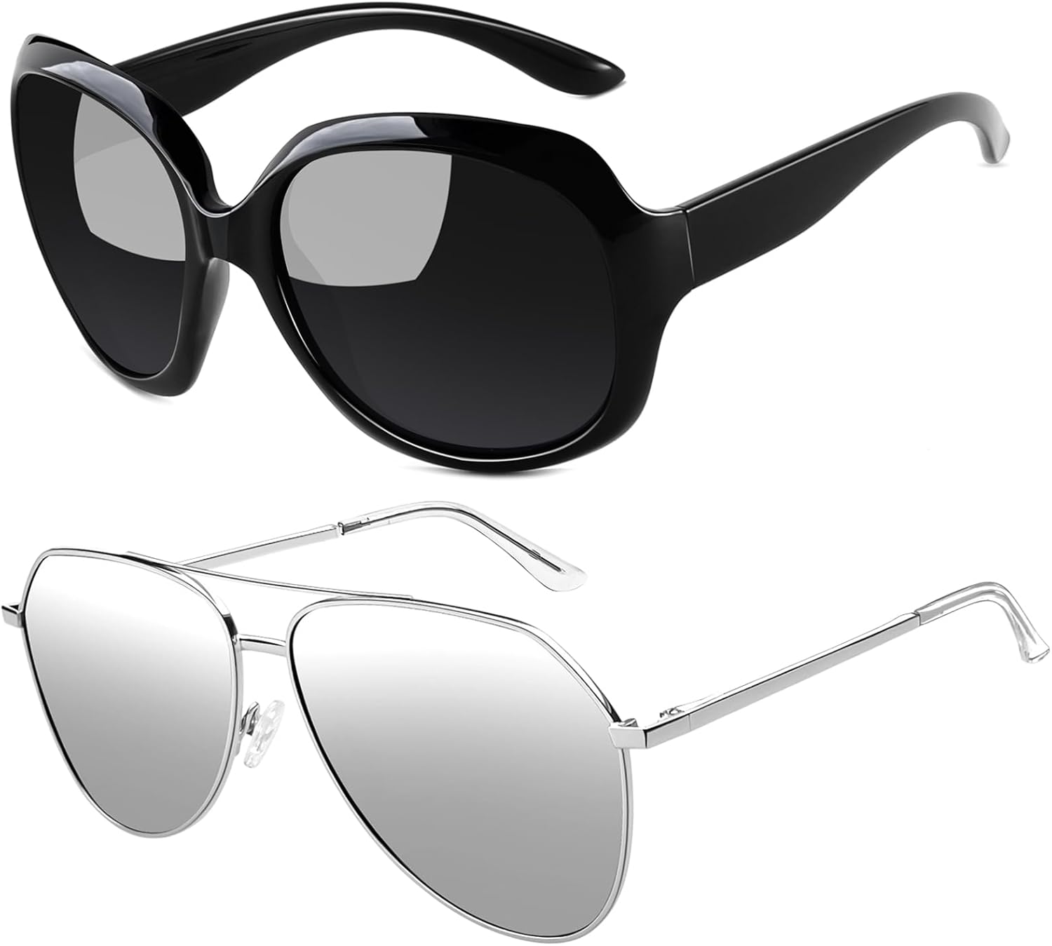 

Комплект солнцезащитных очков Joopin Black Butterfly & Silver Aviation: модные большие солнцезащитные очки с поляризацией и защитой от УФ-излучения, винтажные, эффектные, Black, Silver