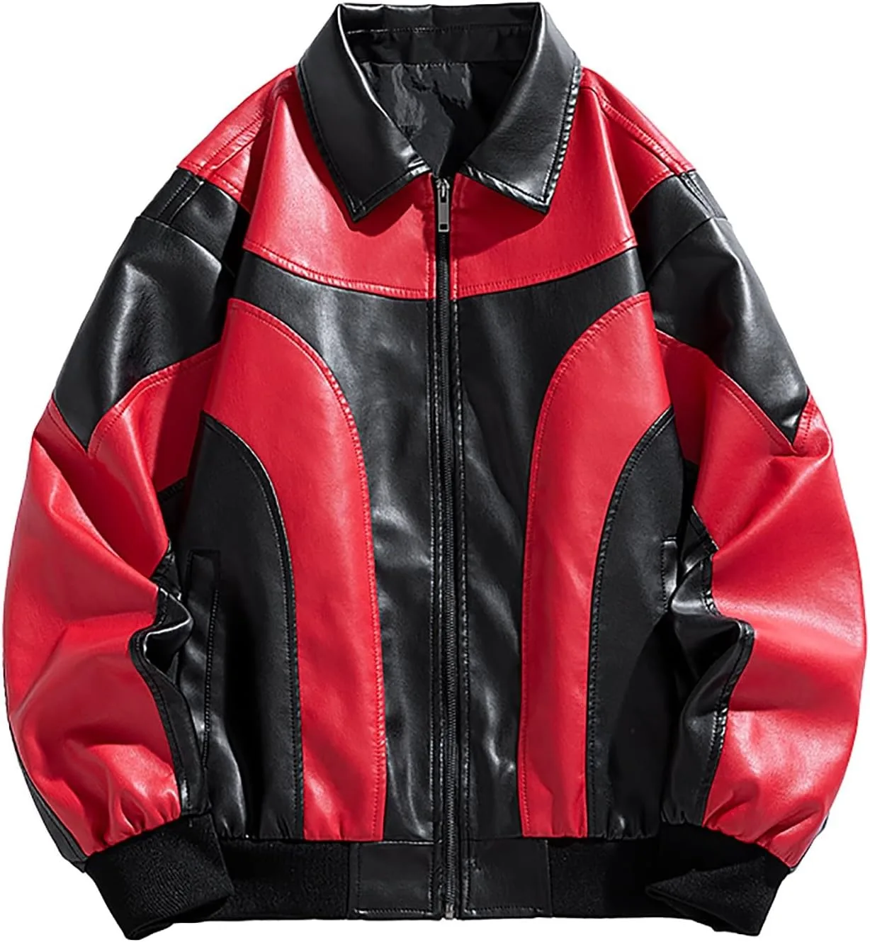 Мужская бейсбольная кожаная куртка в стиле varsity с цветными блоками, уличная куртка-бомбер Generic, красный