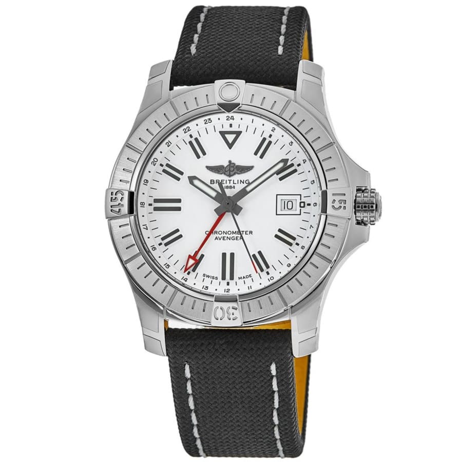 

Мужские часы Breitling Avenger Automatic GMT 43 с белым циферблатом и кожаным ремешком A32397101A1X1