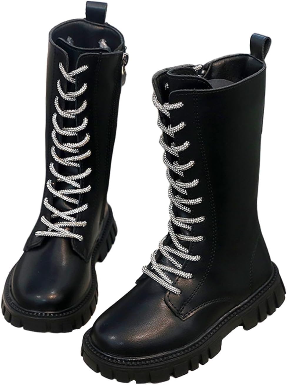 

Девочкам: ботинки в стиле милитари с шнуровкой, сапоги до середины голени для верховой езды, из искусственной кожи с боковой молнией, готические ботинки, детские кроссовки для бега, 4-11 лет Zzalalana, Black