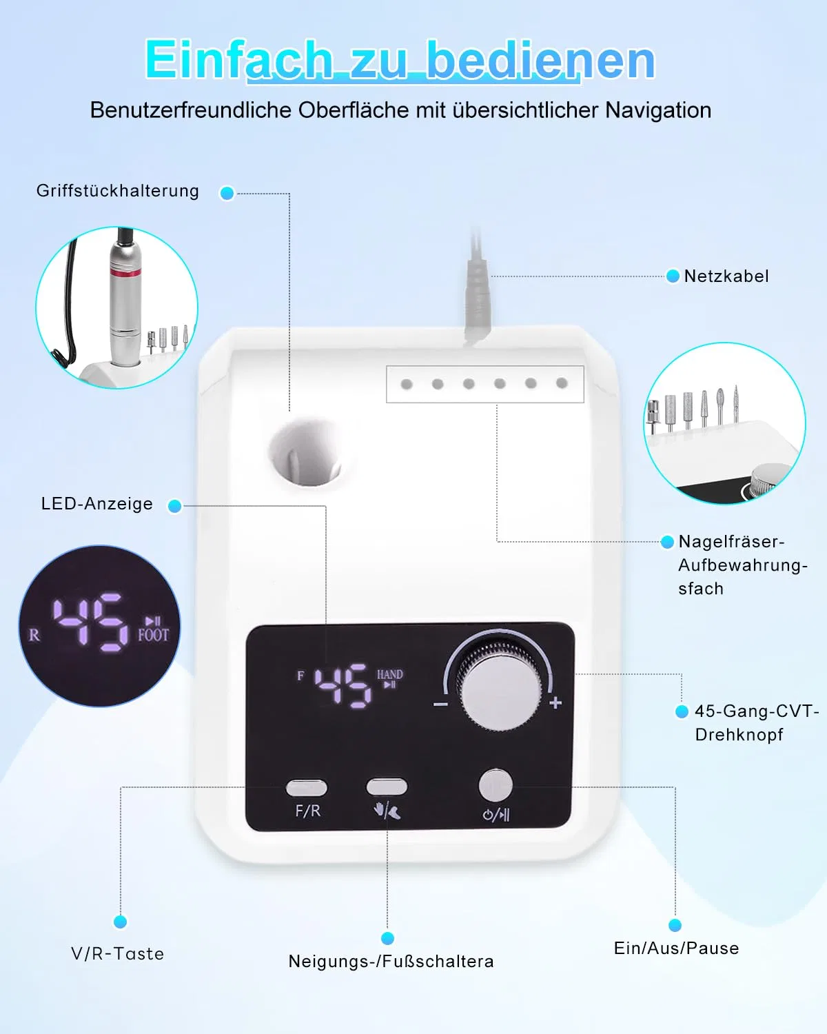Электрический фрезер для маникюра и педикюра CozyZen Cozyzen, White — фото 4