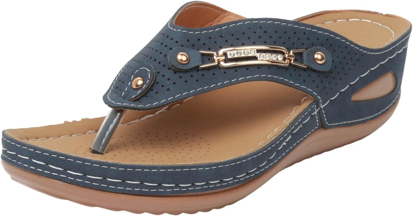 

Ортопедические женские сандалии модные на танкетке, слипоны, шлепанцы с эластичным ремешком на щиколотке, плоские сандалии, повседневные летние удобные с поддержкой свода стопы для плантарного фасцита Kajxz, синий