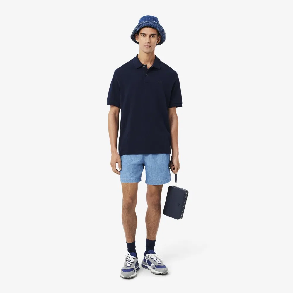 Мужская футболка-поло Lacoste Croc Signature Loose Fit с коротким рукавом тёмно-синяя — фото 4
