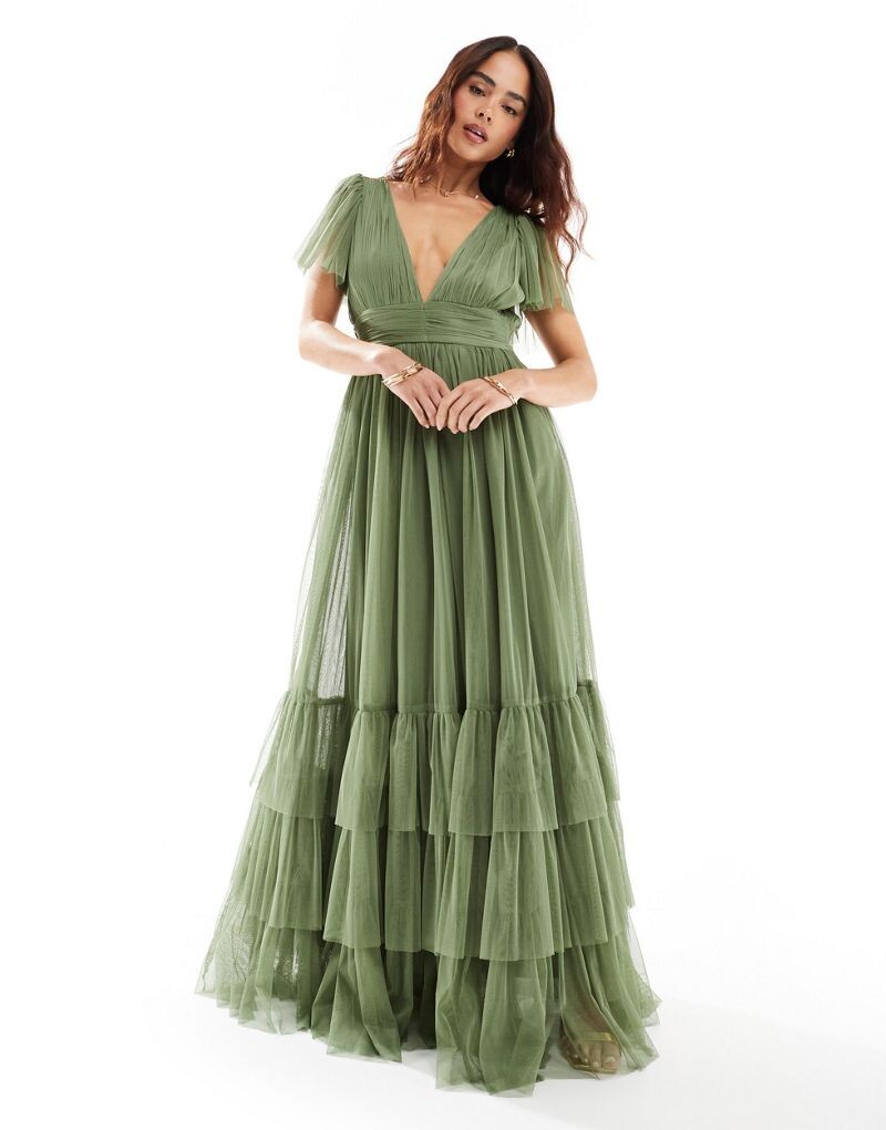 

Мягкое оливковое платье макси из тюля с v-образным вырезом и кружевом Bridesmaid Bridesmaid Madison