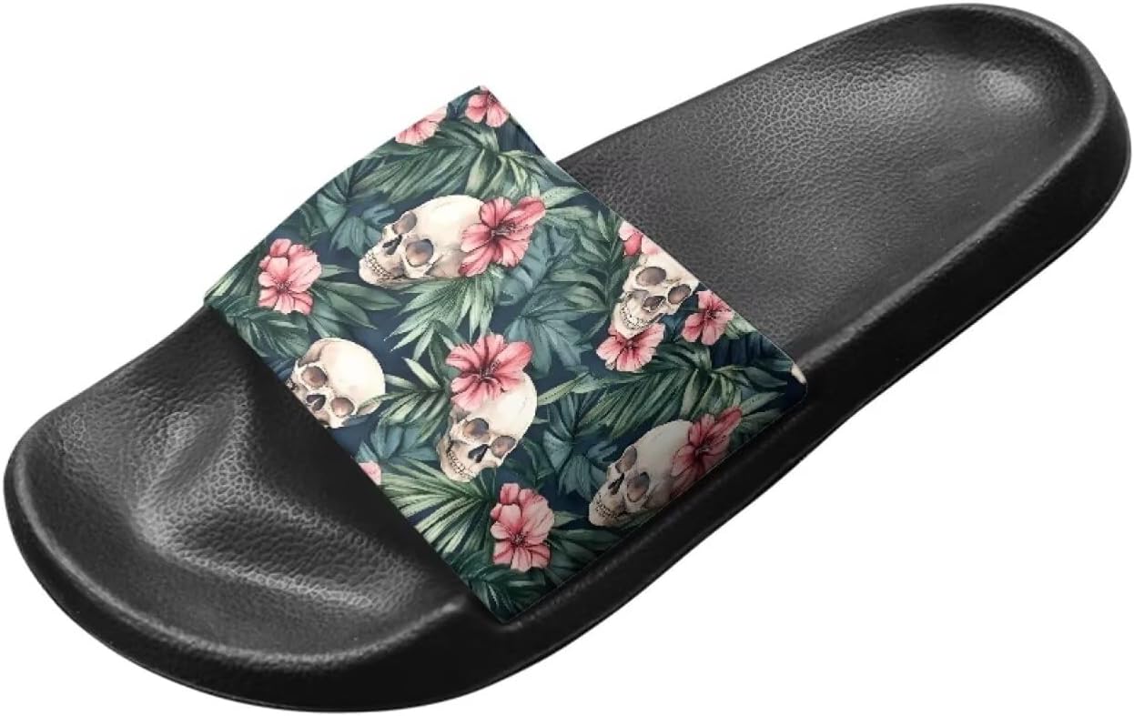 

Сандалии Binienty с одной полоской для женщин и мужчин, нескользящие, повседневные, для прогулок, пляжные шлепанцы с поддержкой свода стопы, Tropical Leaves Floral Skull