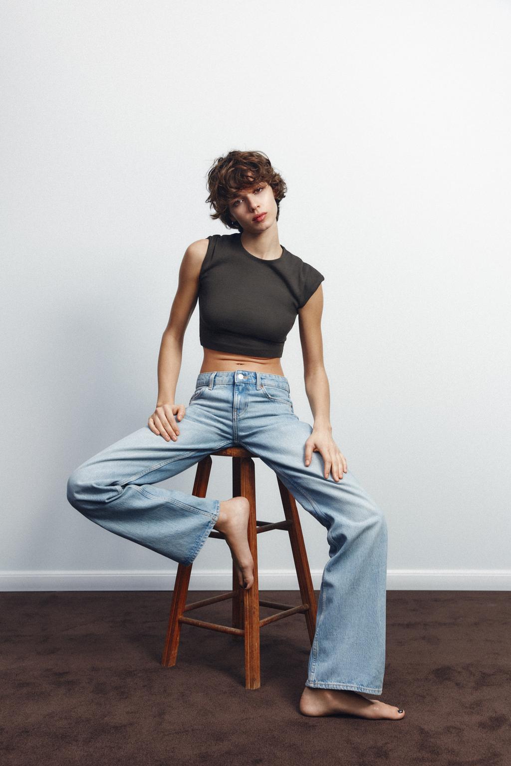 

Укороченная футболка из хлопчатобумажного модала ZARA, темно-коричневый