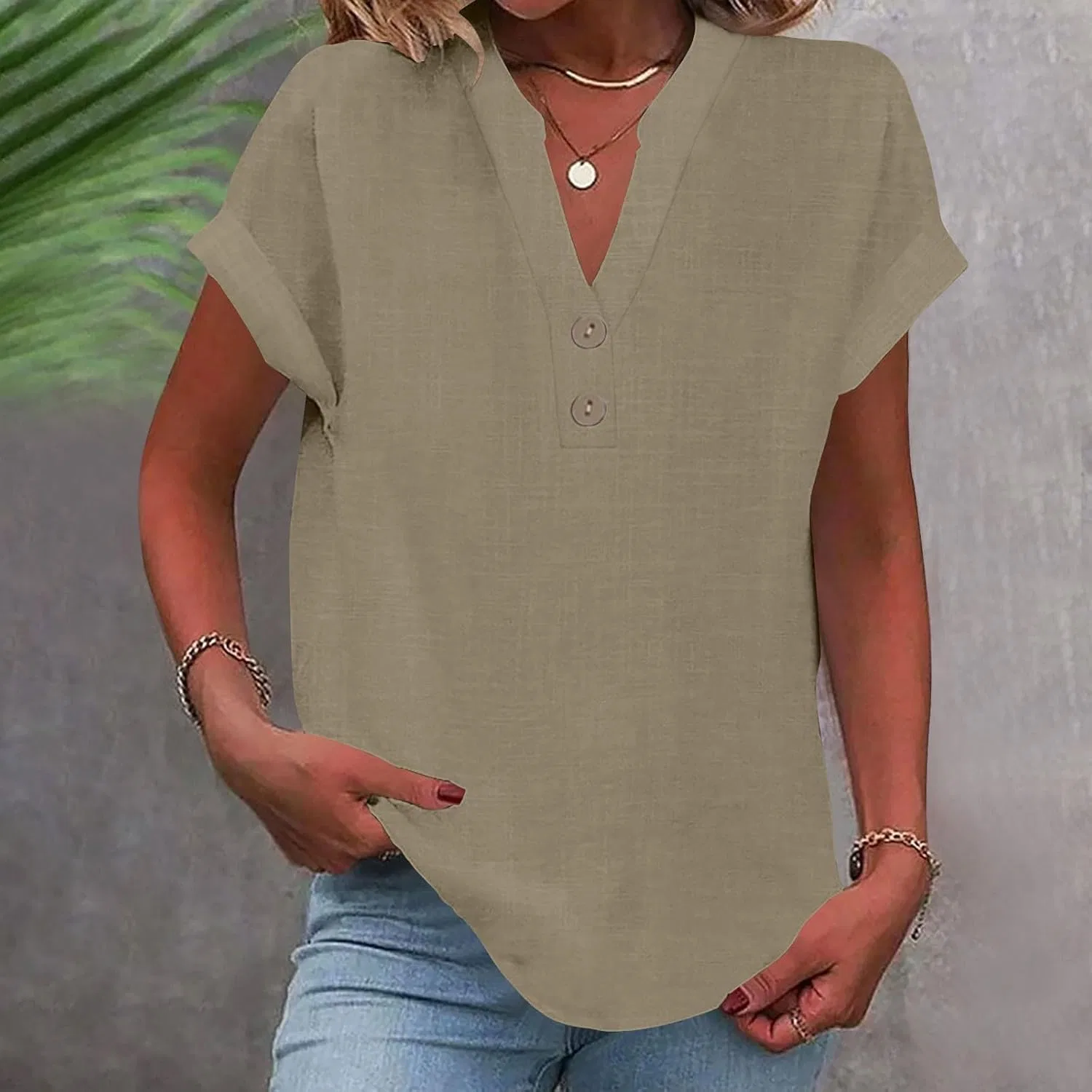 Женская блуза с v-образным вырезом, Cotton Linen, цвет 6#khaki — фото 2