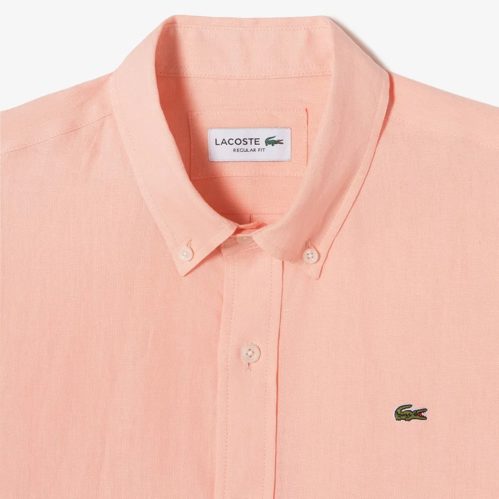 Мужская однотонная льняная рубашка розового цвета от Lacoste — фото 2