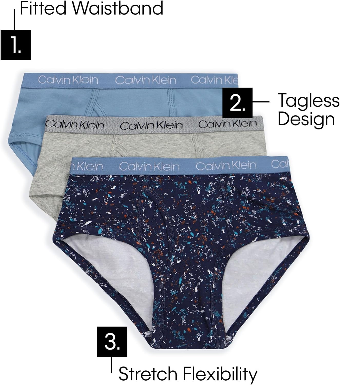 Комплект из 3 трусиков-брифов Calvin Klein для мальчиков Little Modern из хлопка разных цветов, Blue/Cstl/Black — фото 2