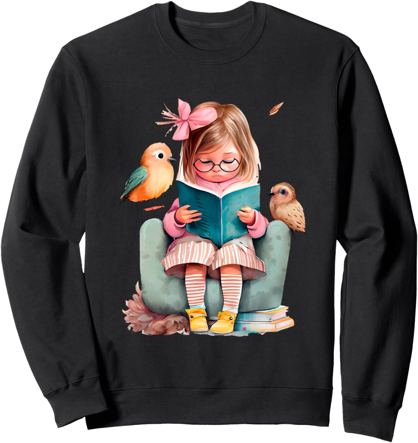 

Очаровательная девочка читает книгу с иллюстрацией птицы. Толстовка Reading Enthusiast Young Girl Book Birds Library, черный