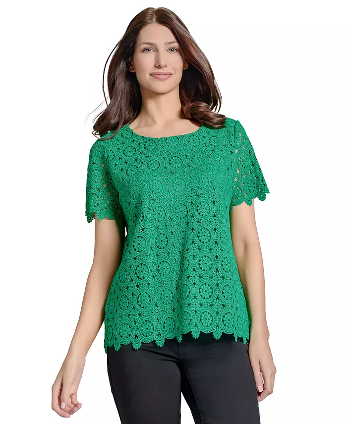 

Женская укороченная блузка с кружевом Petite Short-Sleeve Lace Top Jones New York, зеленый