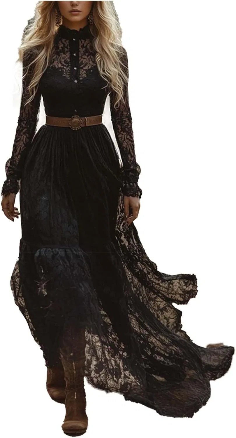 Платье в стиле вестерн для женщин, на бретельках, с глубоким V-образным вырезом и завязками спереди, винтажное платье в стиле бохо с кружевом