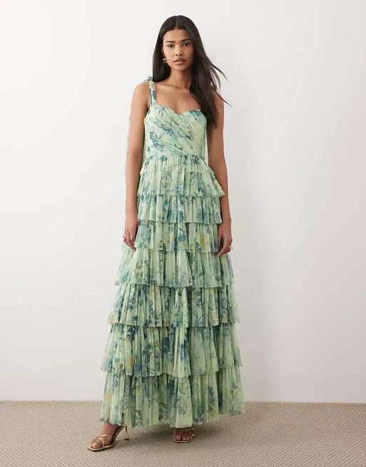 

Платье макси из тюля Lace & Beads Bridesmaid с бантом и плечами