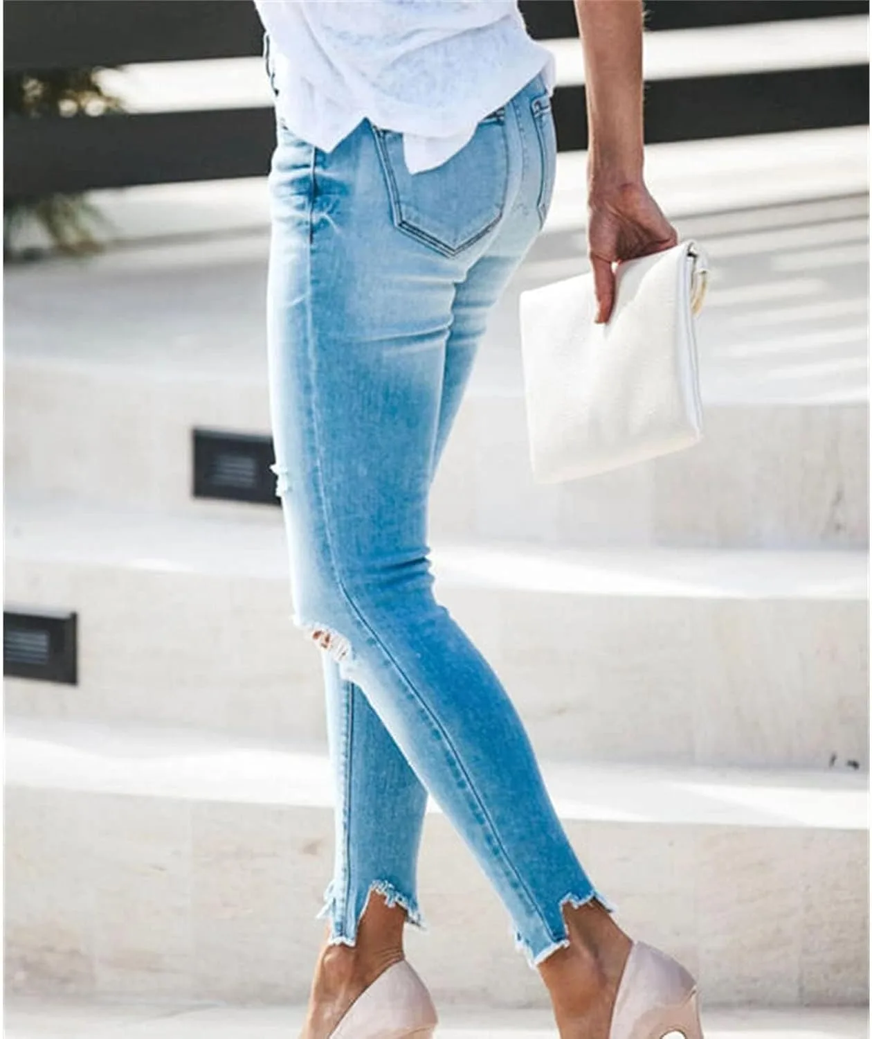 Женские джинсы Irregular Raw Edge Denim Skinny с дырками и эффектом подтяжки — фото 2