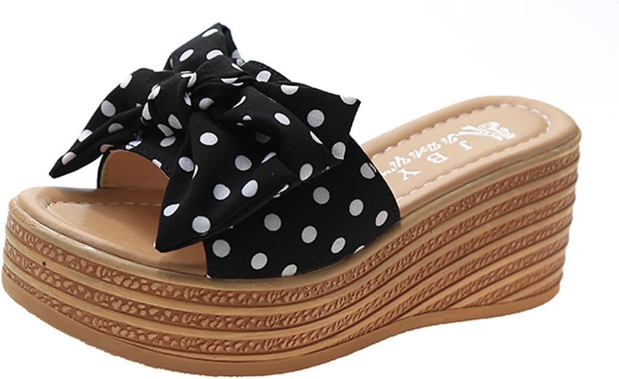 

Женские платформенные сандалии-эспадрильи с высокими каблуками, бантом и гороховым узором, повседневные модные сандалии с открытым носком на платформе, классические пляжные шлепанцы и мюли Generic, черный