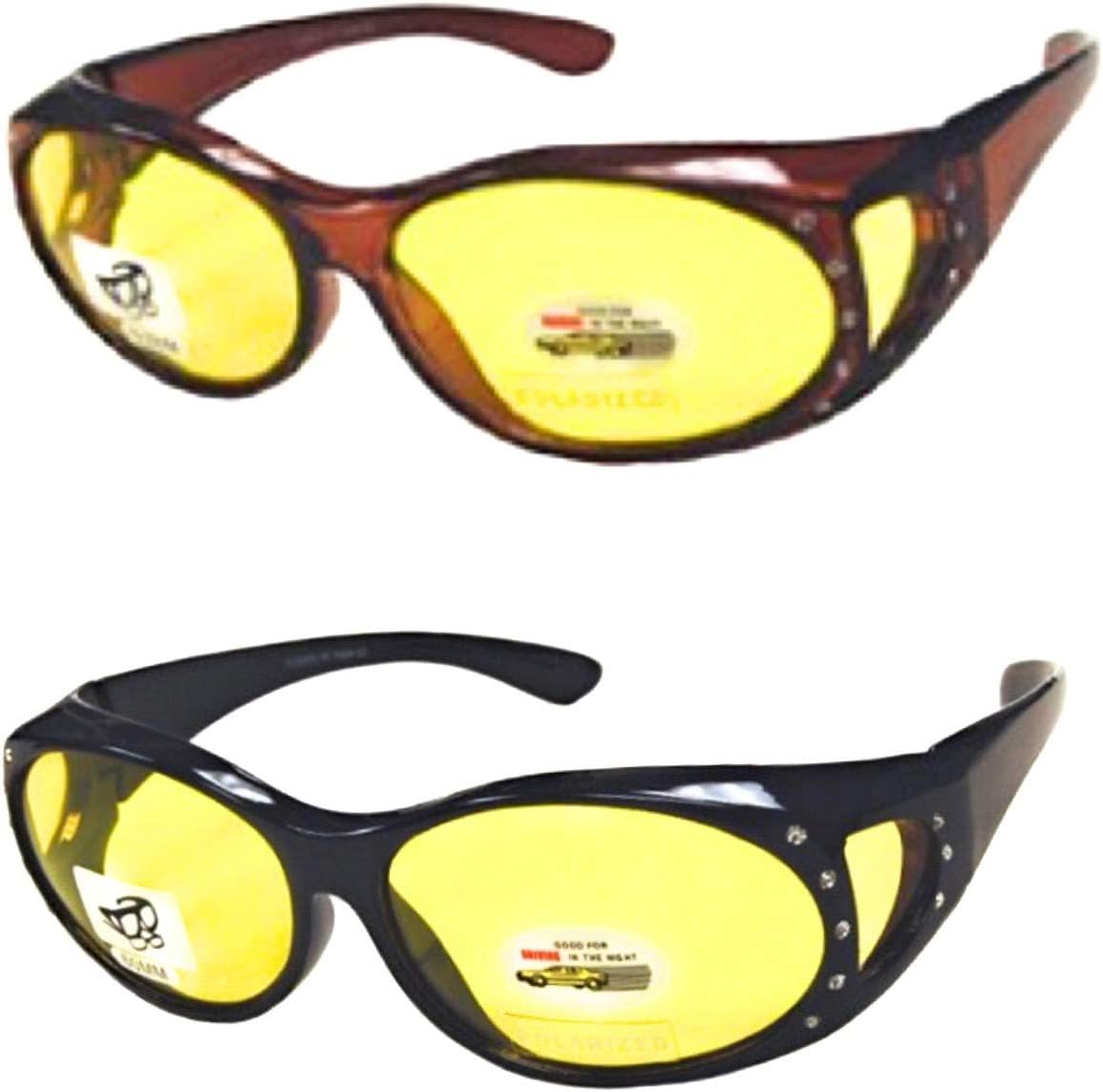 

2 пары поляризованных очков со стразами, надеваемых поверх обычных очков, с желтыми линзами, для ночного видения и вождения. Солнцезащитные очки Pink Ribbon Shades, Black/Brown