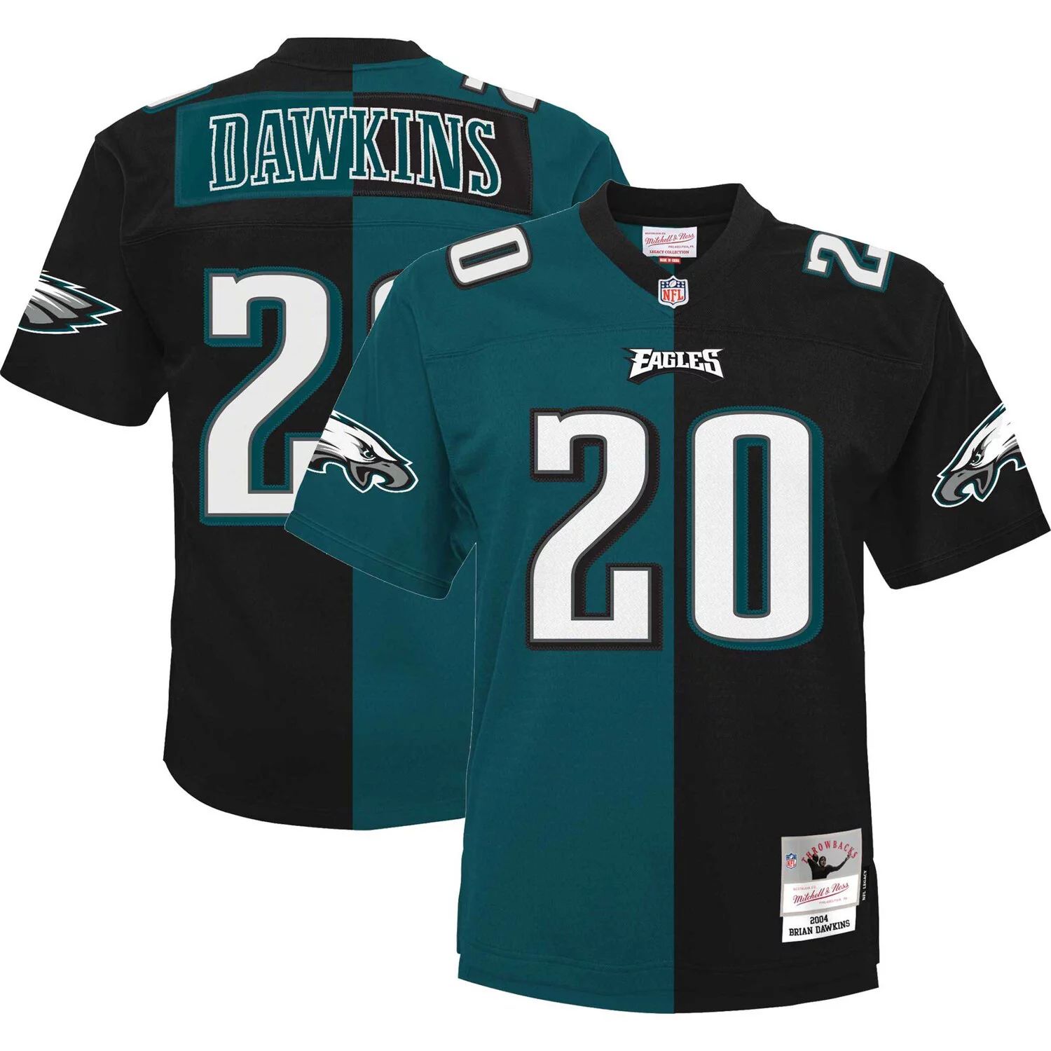 

Мужская футболка Mitchell & Ness Brian Dawkins Midnight Green/Black Philadelphia Eagles Big & Tall Split Legacy Retired Player Replica Jersey