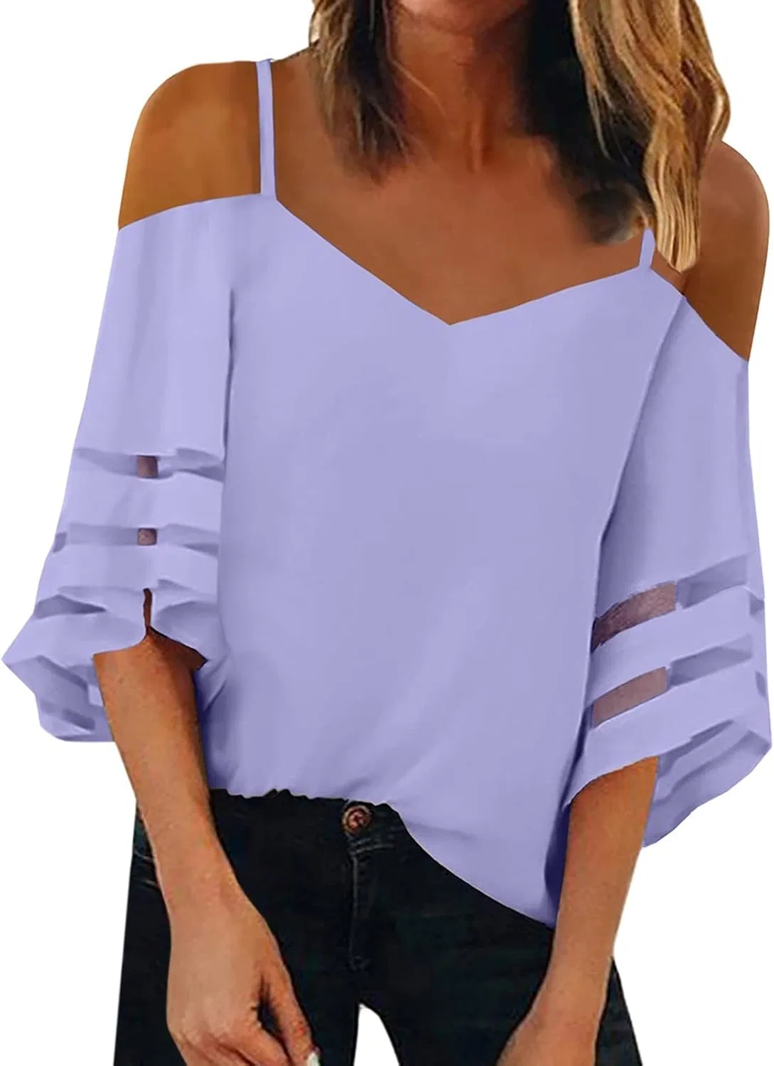 Блуза с кружевными рукавами, Casual Clothes for Women Fashion Top, фиолетовый