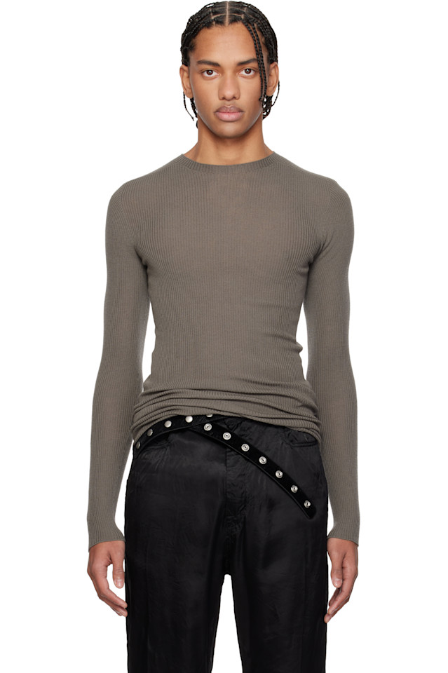 

Rick Owens Серый ребристый свитер с круглым вырезом и изображением храма