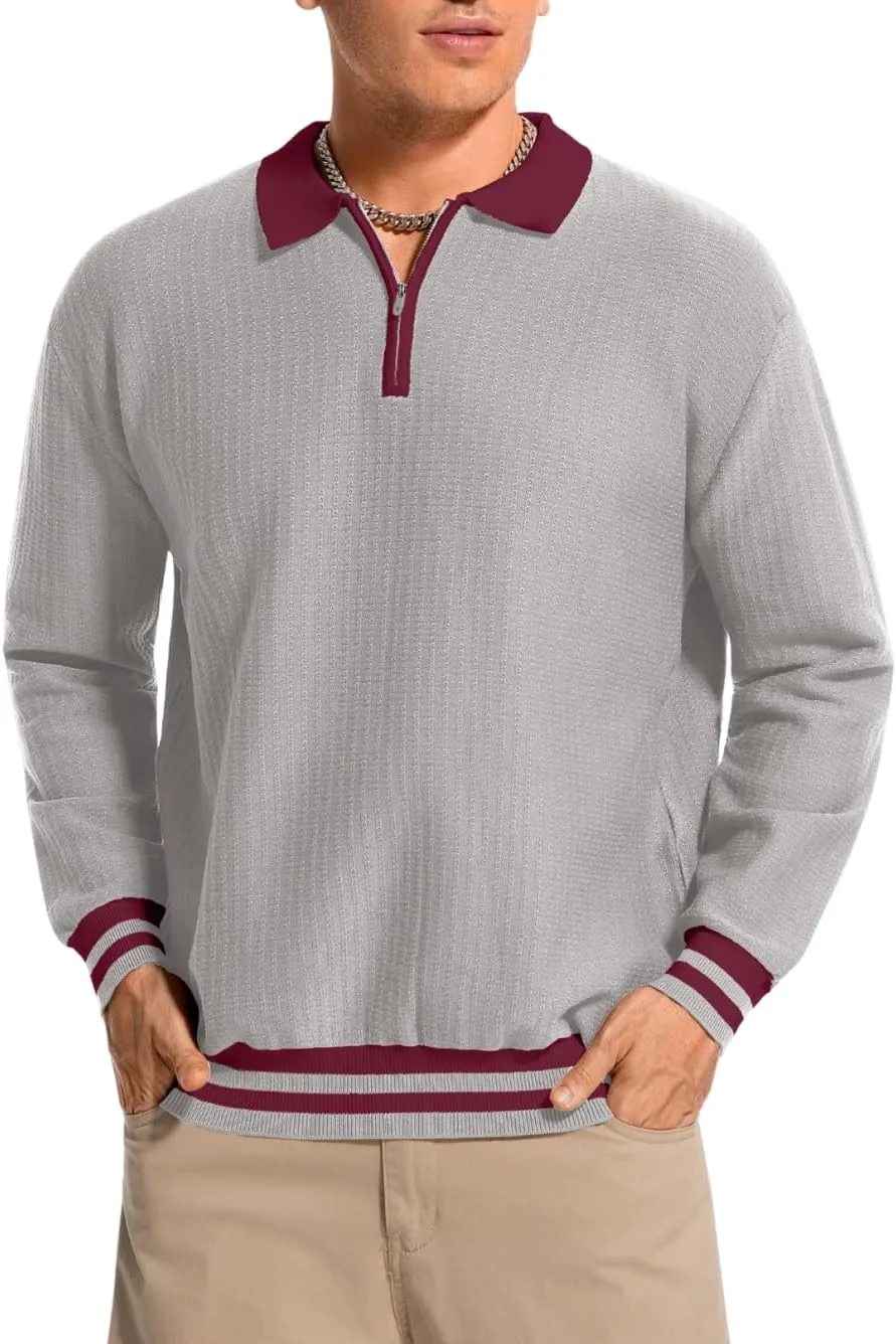 

Мужской свитер с контрастным цветом и вафельной текстурой, с воротником на четверть молнии и длинными рукавами — легкий свободный крой ChiaoLezhee