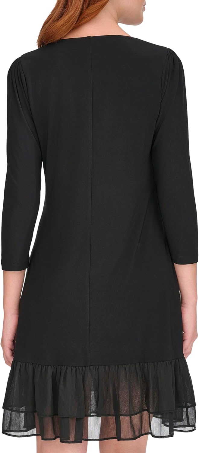 Женское платье Tommy Hilfiger из джерси и шифона с рукавами 3/4 и оборками по подолу, Black — фото 4