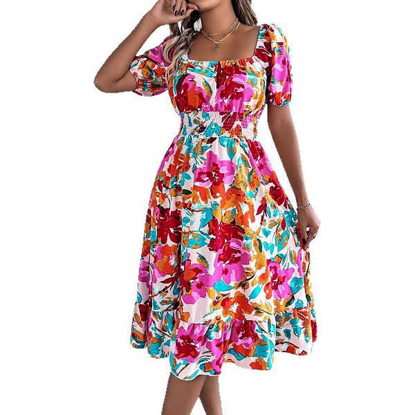 

Женское платье с холодным плечом, присборенное на талии, с принтом тай-дай и цветочным узором, коротким рукавом и рюшами по подолу Yesfashion, Red